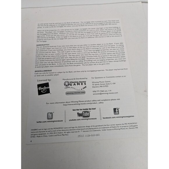 2013 Monopoly Classic Edition Game Replacement Board Instructions - Picture 5 of 5